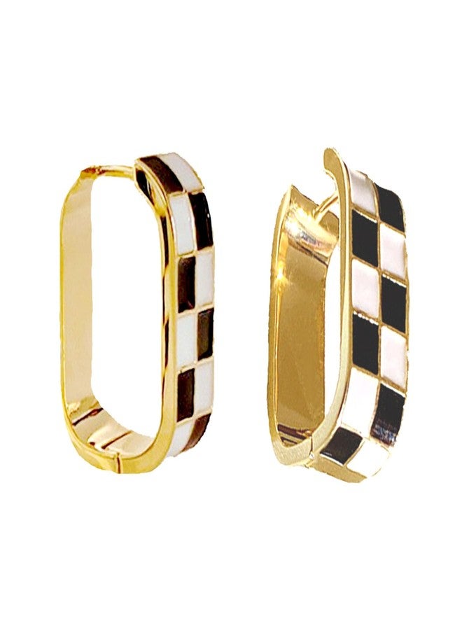 GLMOCM Checkered Hoop Earrings for Women Enamel Oval Hoop Earrings Small Hoop Cartilage Earrings Black and White Earrings for Women Men Jewelry (Black and white) - Image 1
